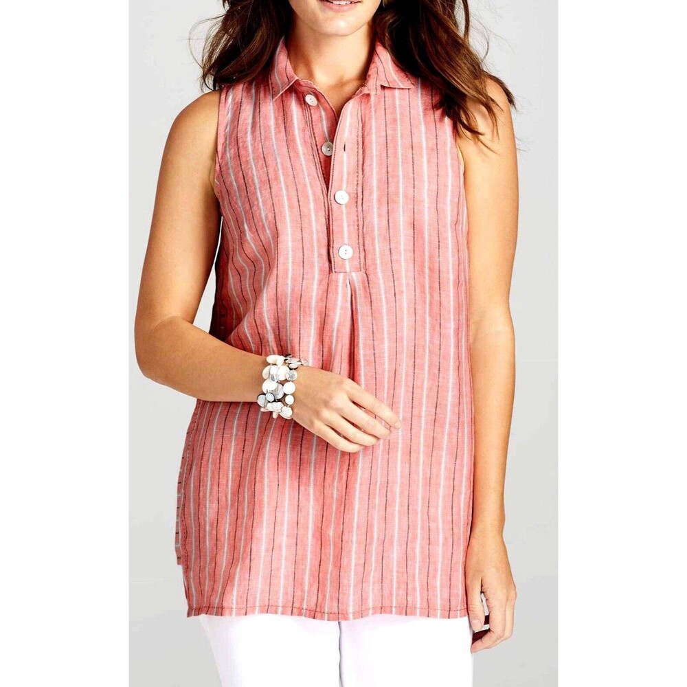 J Jill Love Linen Sleeveless Top Women's Size M Striped Tunic Coastal Beach Prep